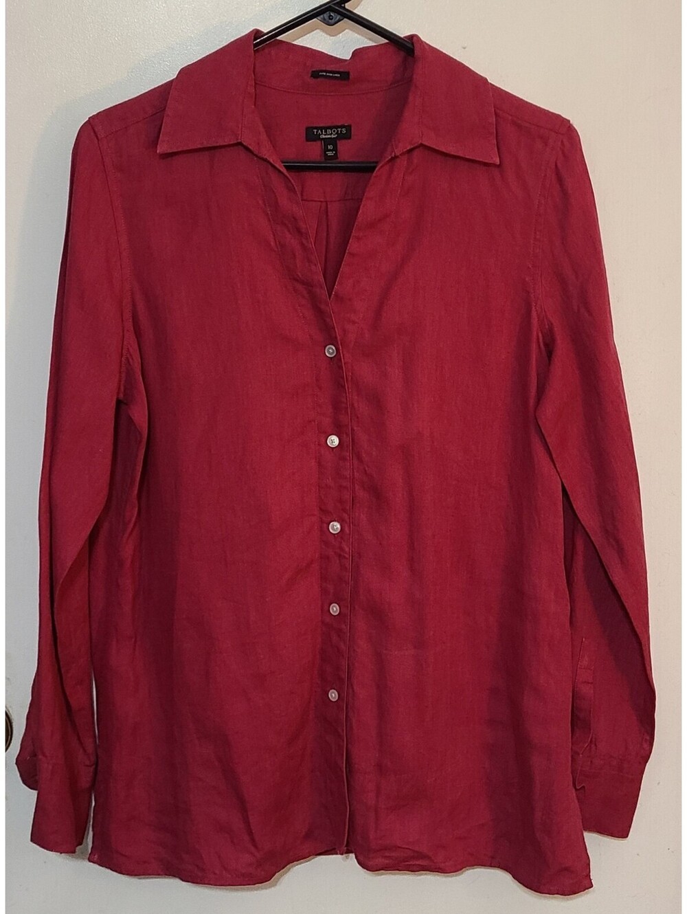 Talbots 100% Irish Linen Shirt Womens Sz  10 Medium Red Button Up Front Placket